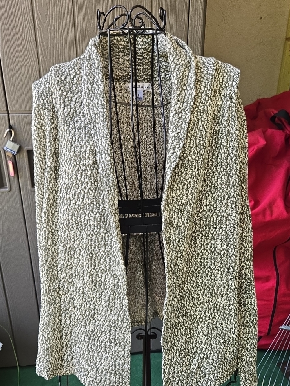 Chaus Cream and Olive Green Textured Open-Front Knit Cardigan